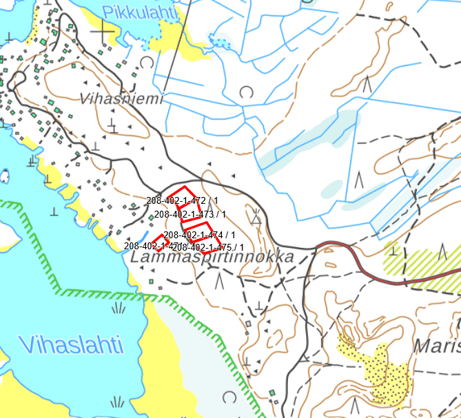 Merimetso 208-402-1-471, Rauhala 208-402-1-472, Piippuhylly 208-402-1-473 , Karhunpesä 208-402-1-474 ja Anttila 208-402-1-475 1